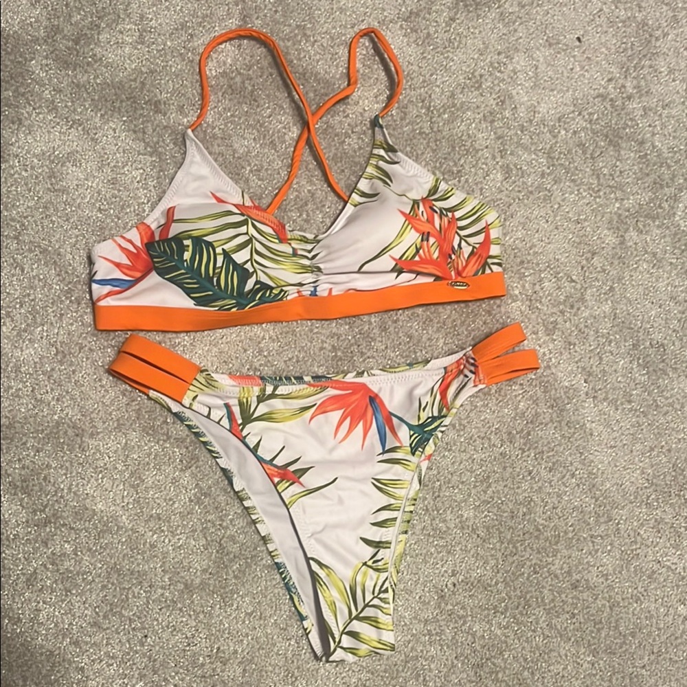 Orange Tropical Floral Bikini Set High-Cut Design